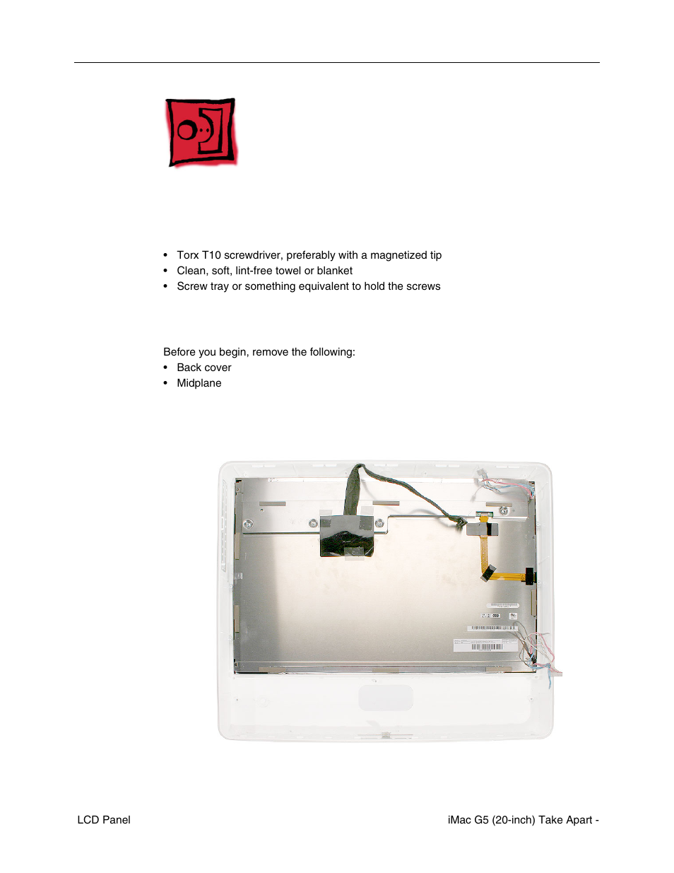 Lcd panel, Tools required, Preliminary steps | Part location | Apple iMac G5, 20-inch User Manual | Page 179 / 314
