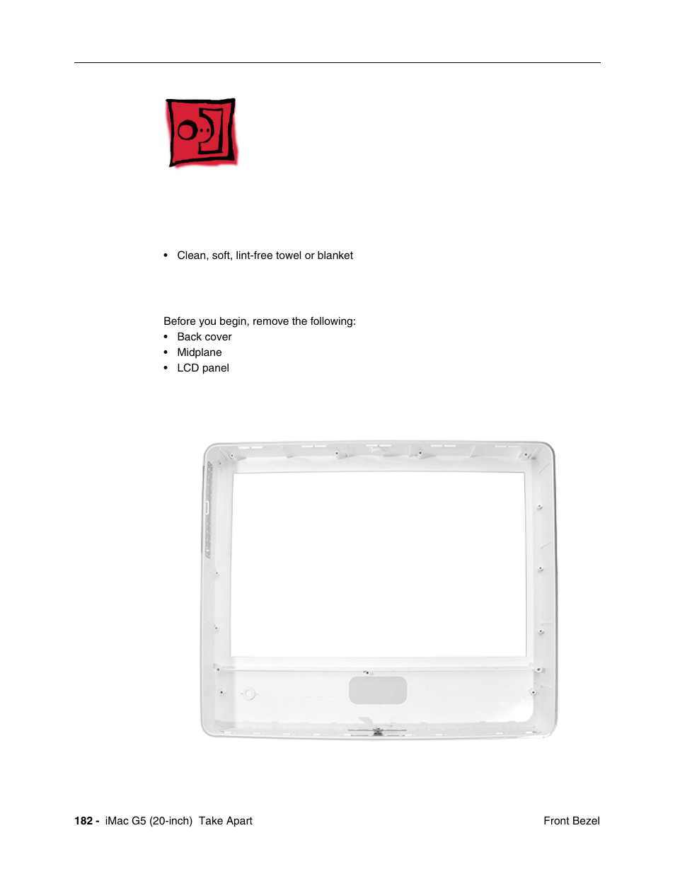 Front bezel, Tools required, Preliminary steps | Part location | Apple iMac G5, 20-inch User Manual | Page 184 / 314