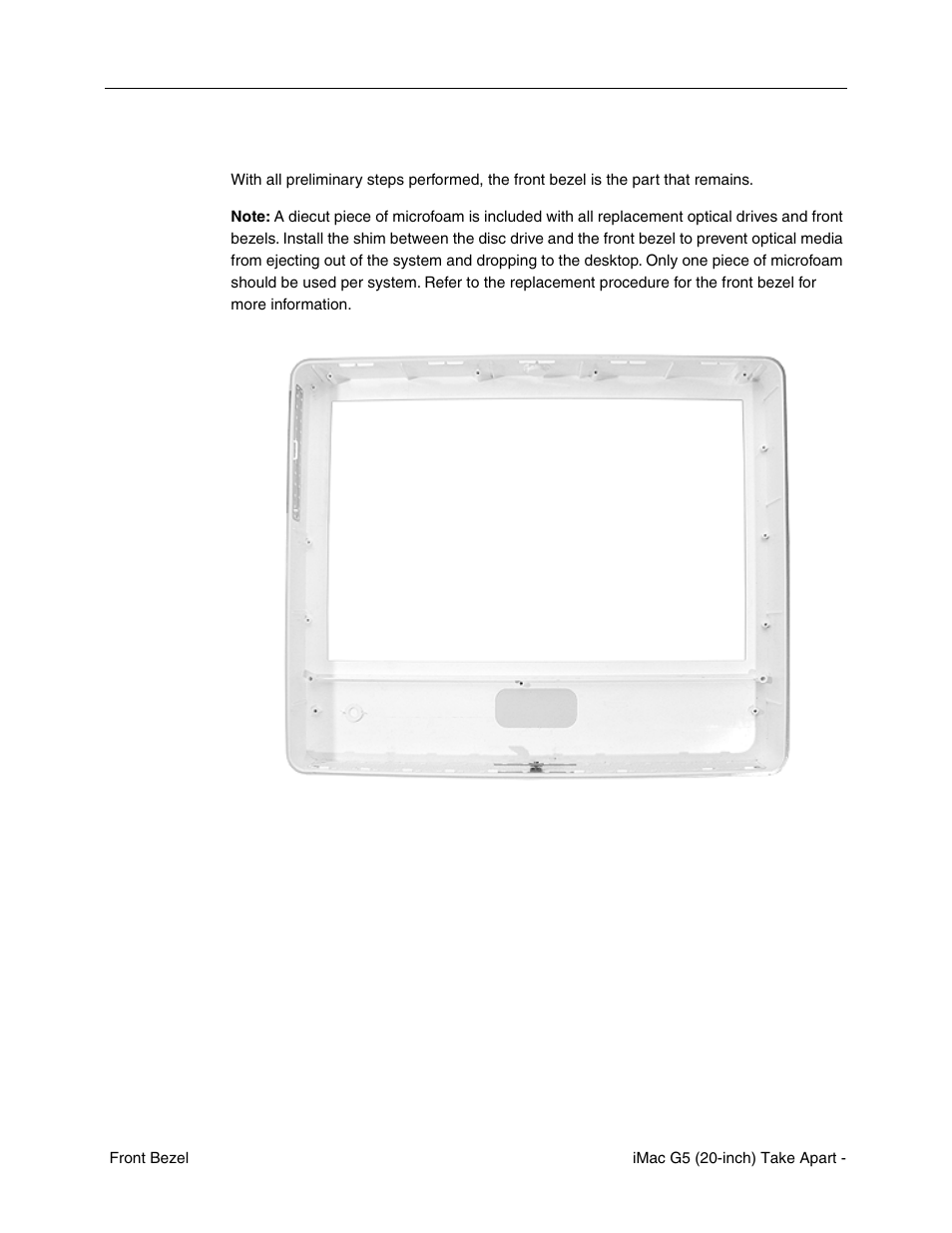 Removing the front bezel | Apple iMac G5, 20-inch User Manual | Page 185 / 314