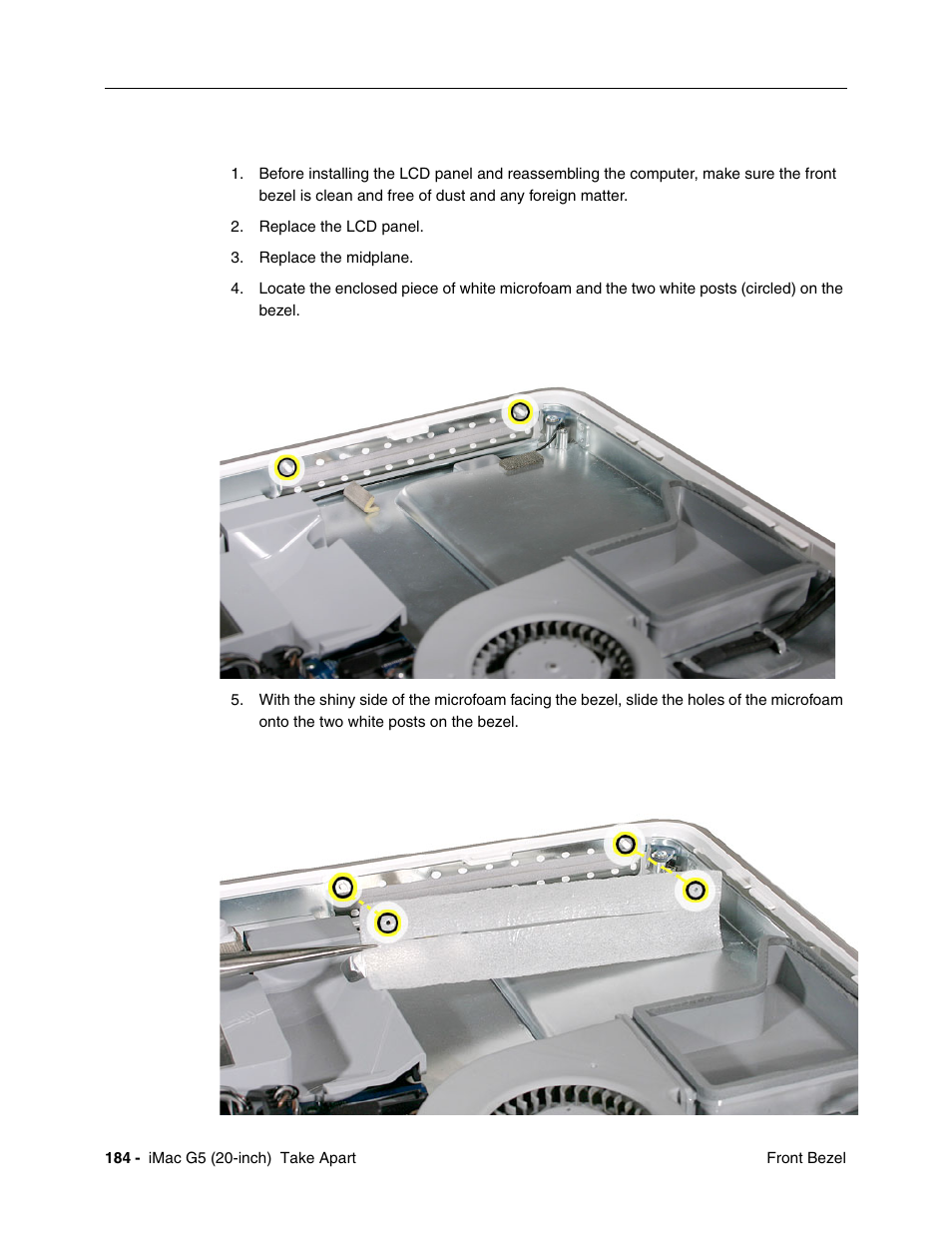 Replacing the front bezel | Apple iMac G5, 20-inch User Manual | Page 186 / 314