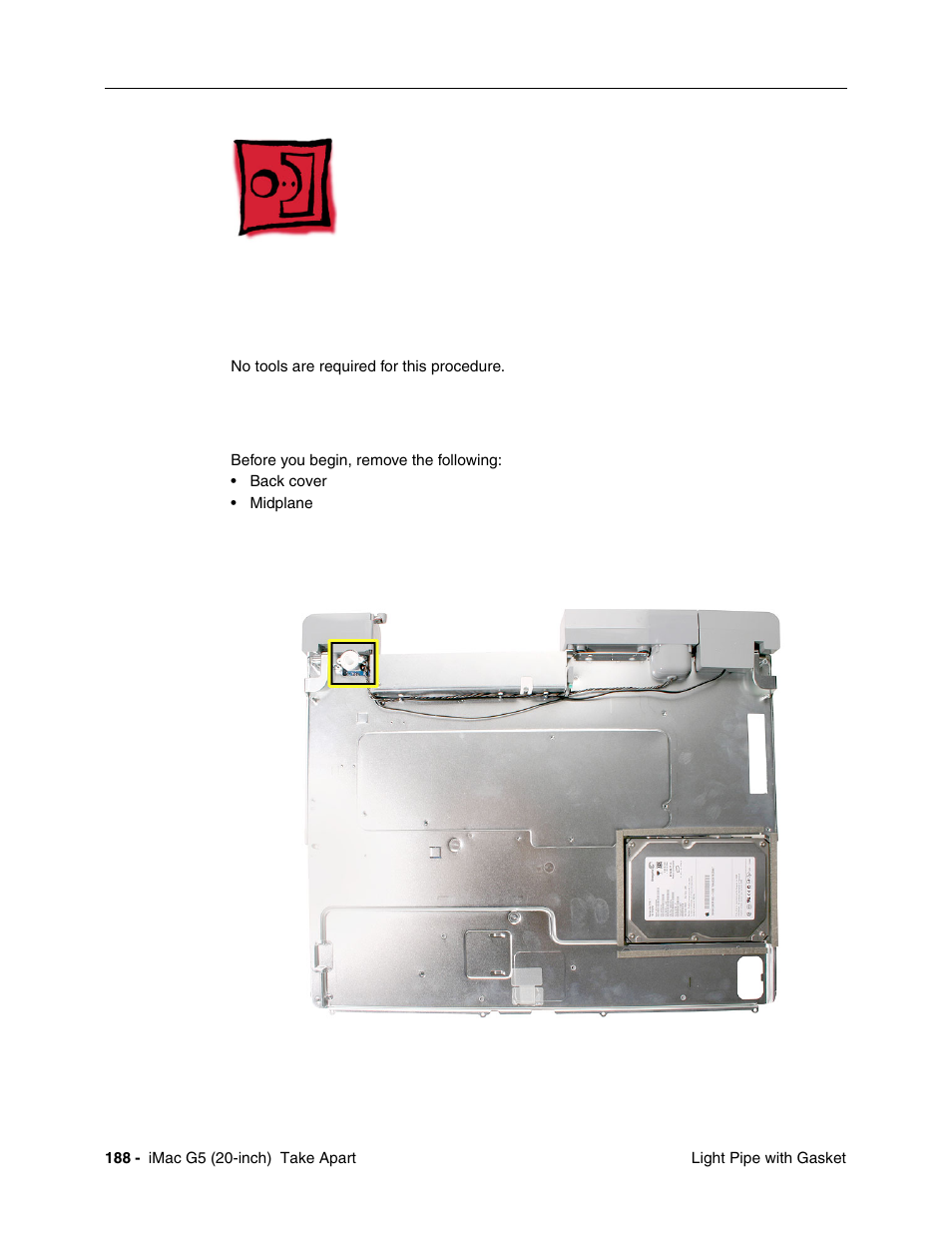 Light pipe with gasket, Tools required, Preliminary steps | Part location | Apple iMac G5, 20-inch User Manual | Page 190 / 314