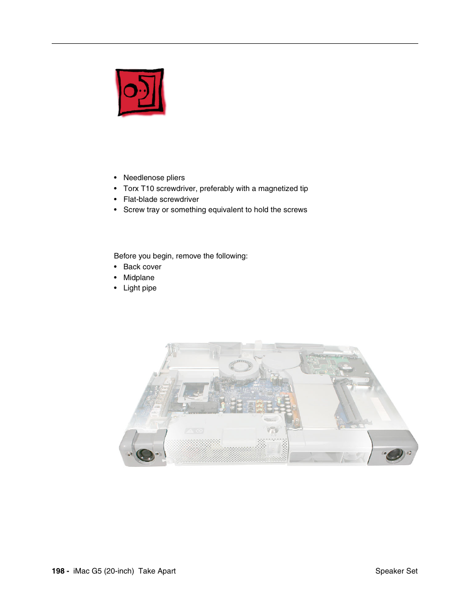Speaker set, Tools required, Preliminary steps | Part location | Apple iMac G5, 20-inch User Manual | Page 200 / 314