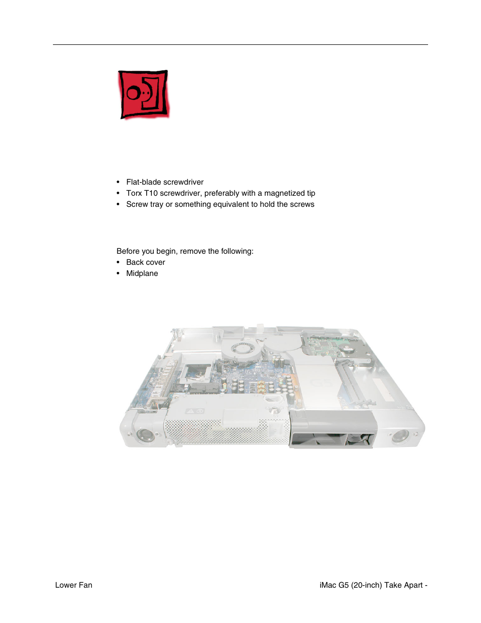 Lower fan, Tools required, Preliminary steps | Part location | Apple iMac G5, 20-inch User Manual | Page 209 / 314