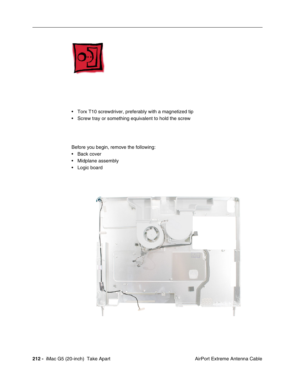 Airport extreme antenna cable, Tools required, Preliminary steps | Part location | Apple iMac G5, 20-inch User Manual | Page 214 / 314