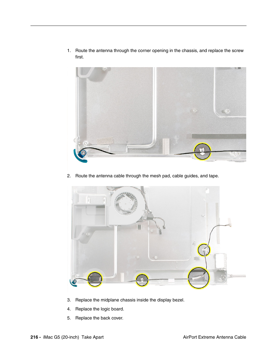 Replacing the airport extreme antenna cable | Apple iMac G5, 20-inch User Manual | Page 218 / 314