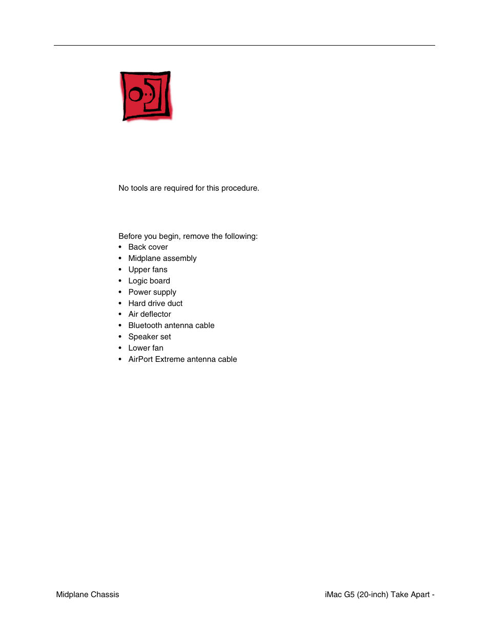 Midplane chassis, Tools required, Preliminary steps | Apple iMac G5, 20-inch User Manual | Page 219 / 314