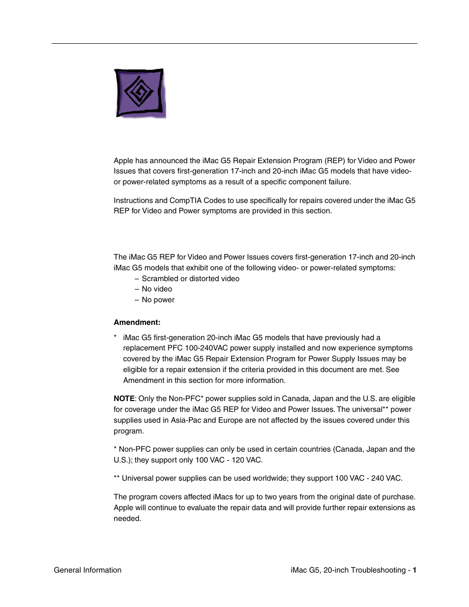 General information, Overview, Amendment | Apple iMac G5, 20-inch User Manual | Page 225 / 314