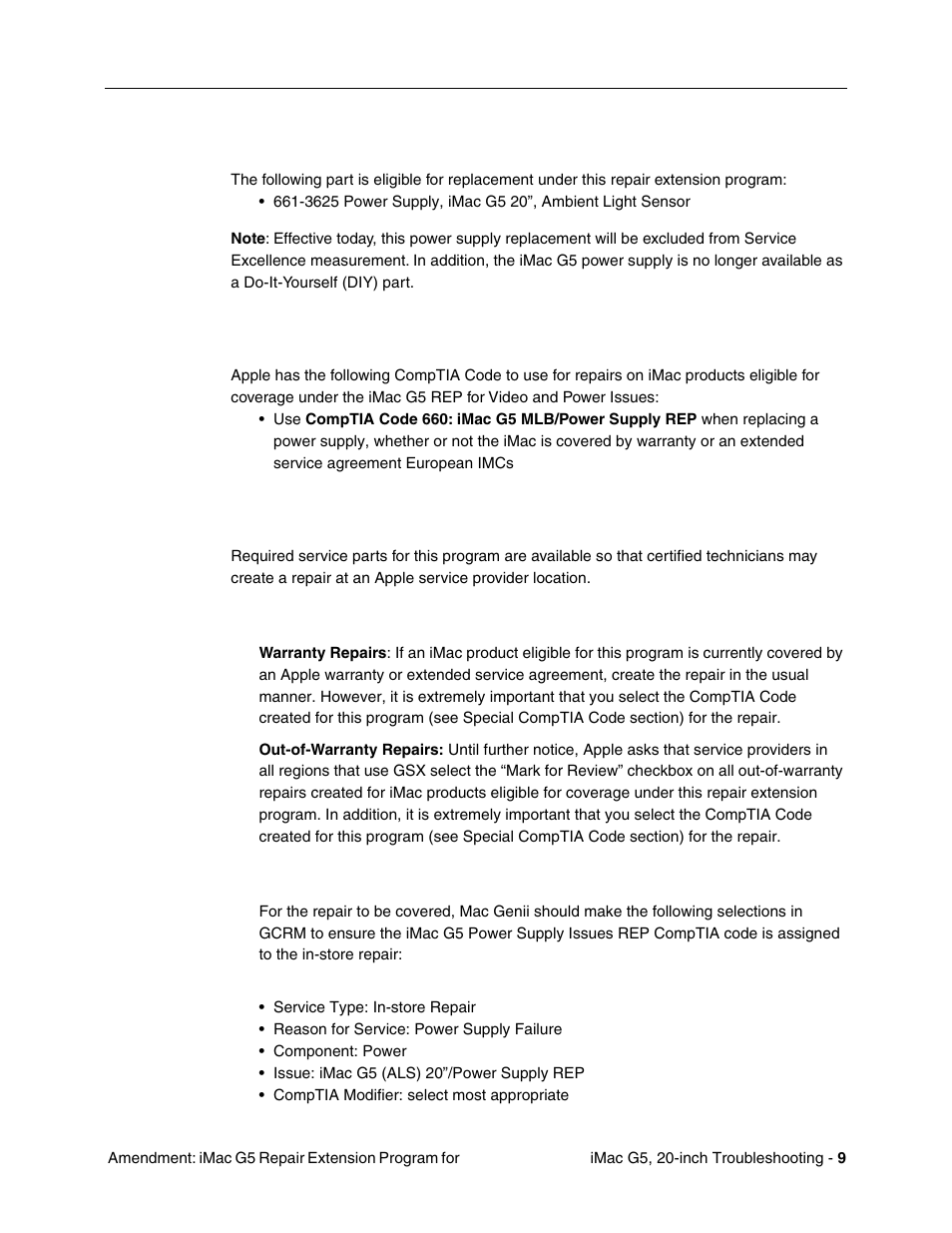 Replacement part, Special comptia codes, Repair strategy | Apple retail | Apple iMac G5, 20-inch User Manual | Page 233 / 314