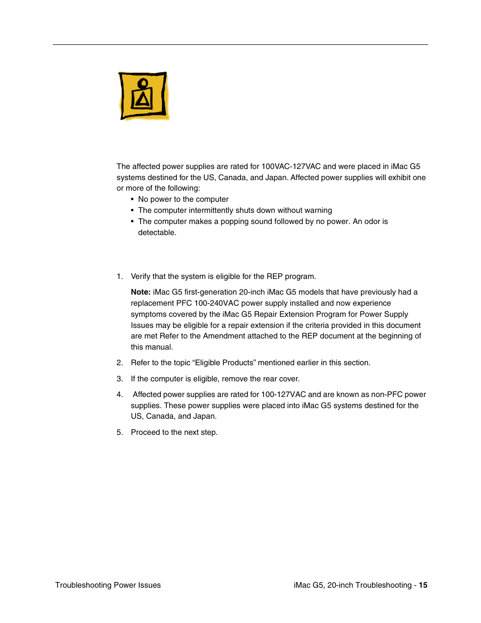 Troubleshooting power issues, Power symptoms, Repair procedure | Apple iMac G5, 20-inch User Manual | Page 239 / 314