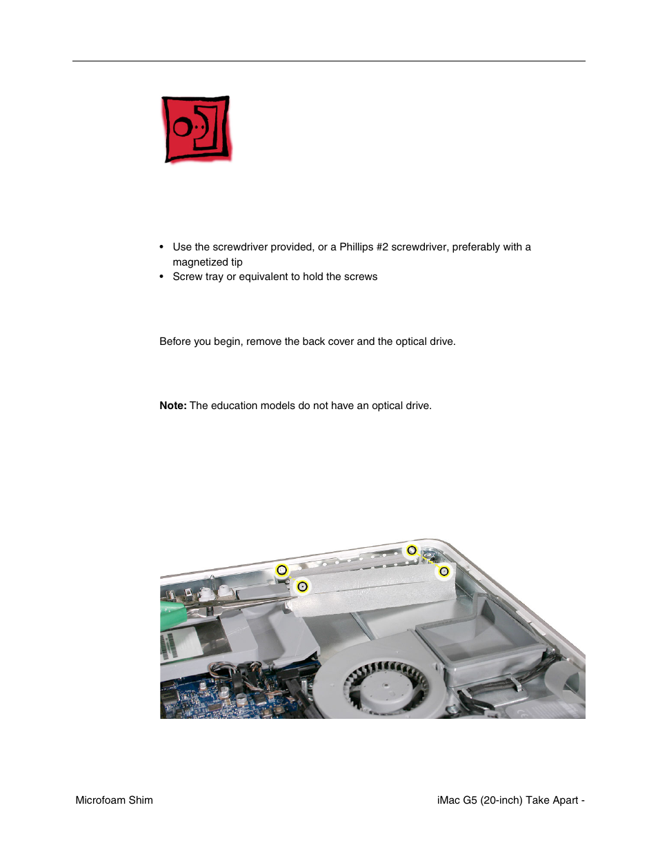 Microfoam shim, Tools required, Preliminary steps | Part location | Apple iMac G5, 20-inch User Manual | Page 25 / 314