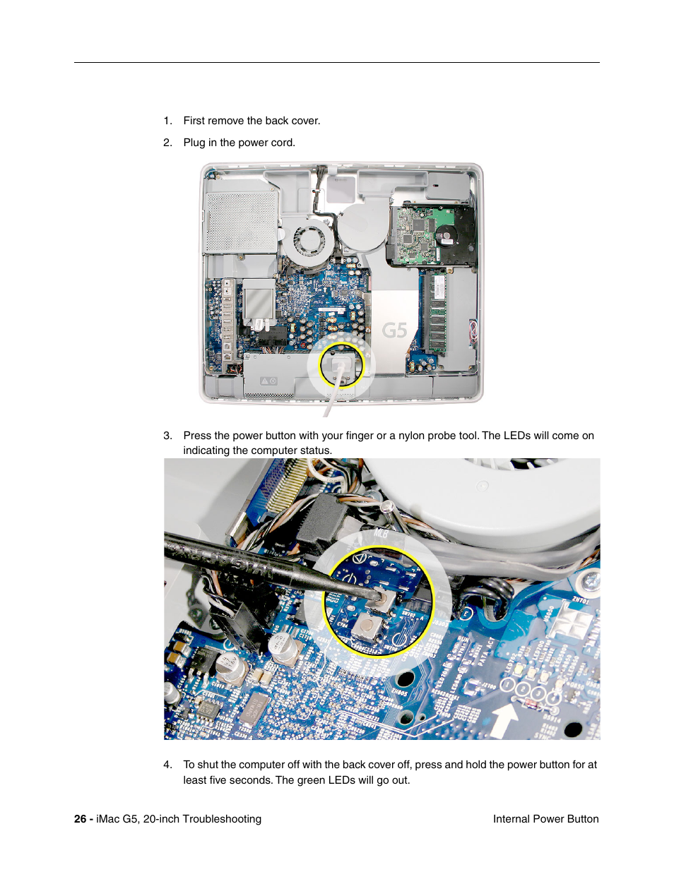 To power on the computer with the back cover off | Apple iMac G5, 20-inch User Manual | Page 250 / 314