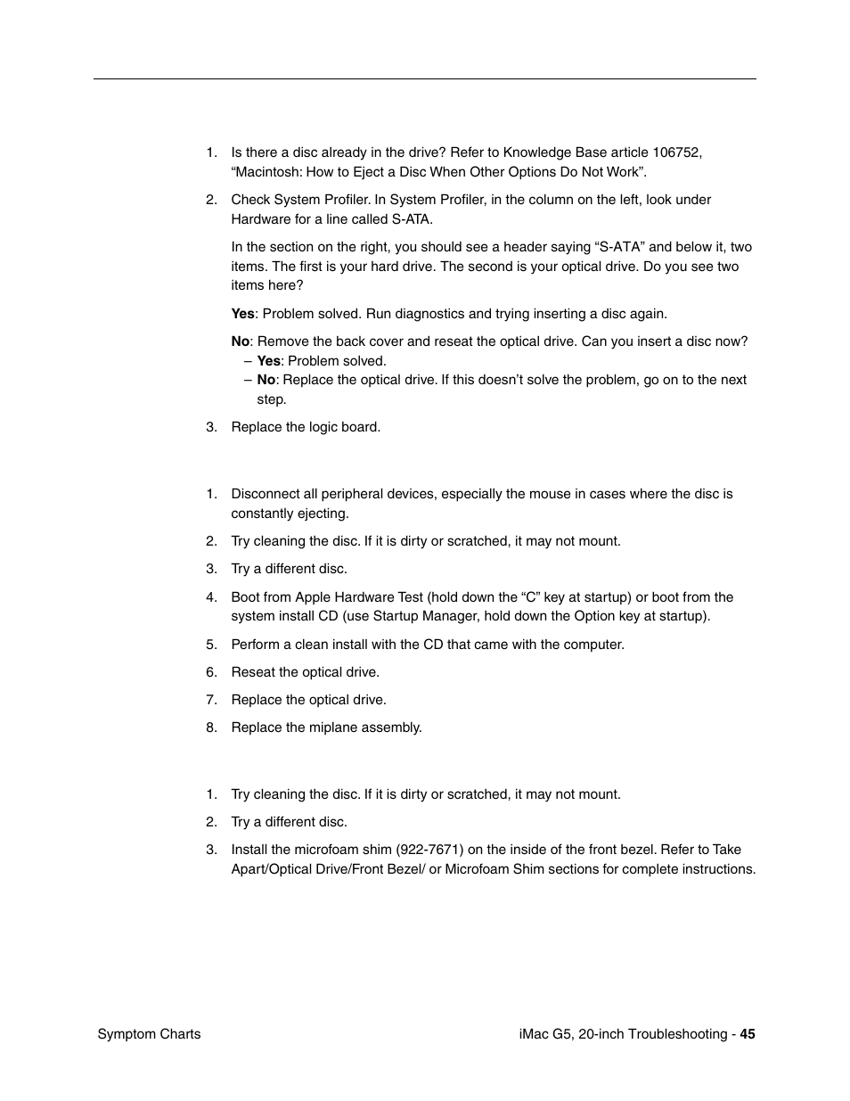 Inserting discs issue, Optical disc constantly ejects, Optical media ejects to the desktop | Apple iMac G5, 20-inch User Manual | Page 269 / 314