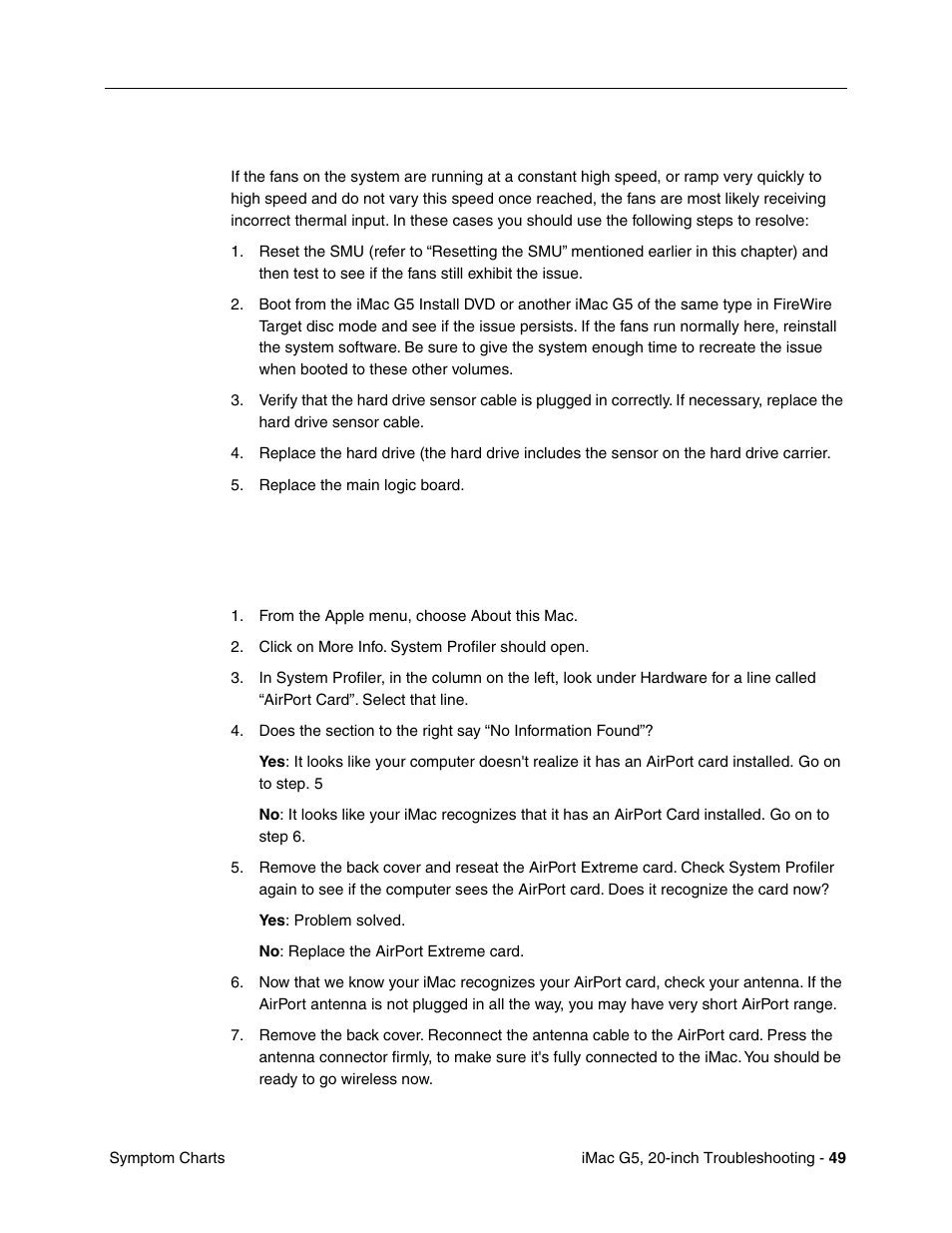 Fans are running at a constant high speed, Airport, Not able to connect wirelessly with airport | Apple iMac G5, 20-inch User Manual | Page 273 / 314