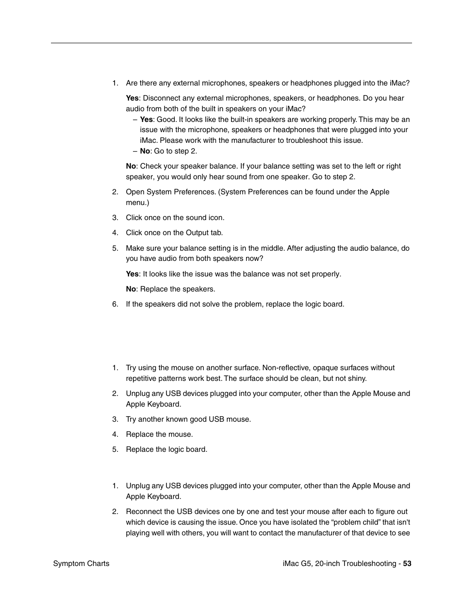 I hear sound out of only one speaker, Mouse, My mouse doesn’t work at all | Apple iMac G5, 20-inch User Manual | Page 277 / 314
