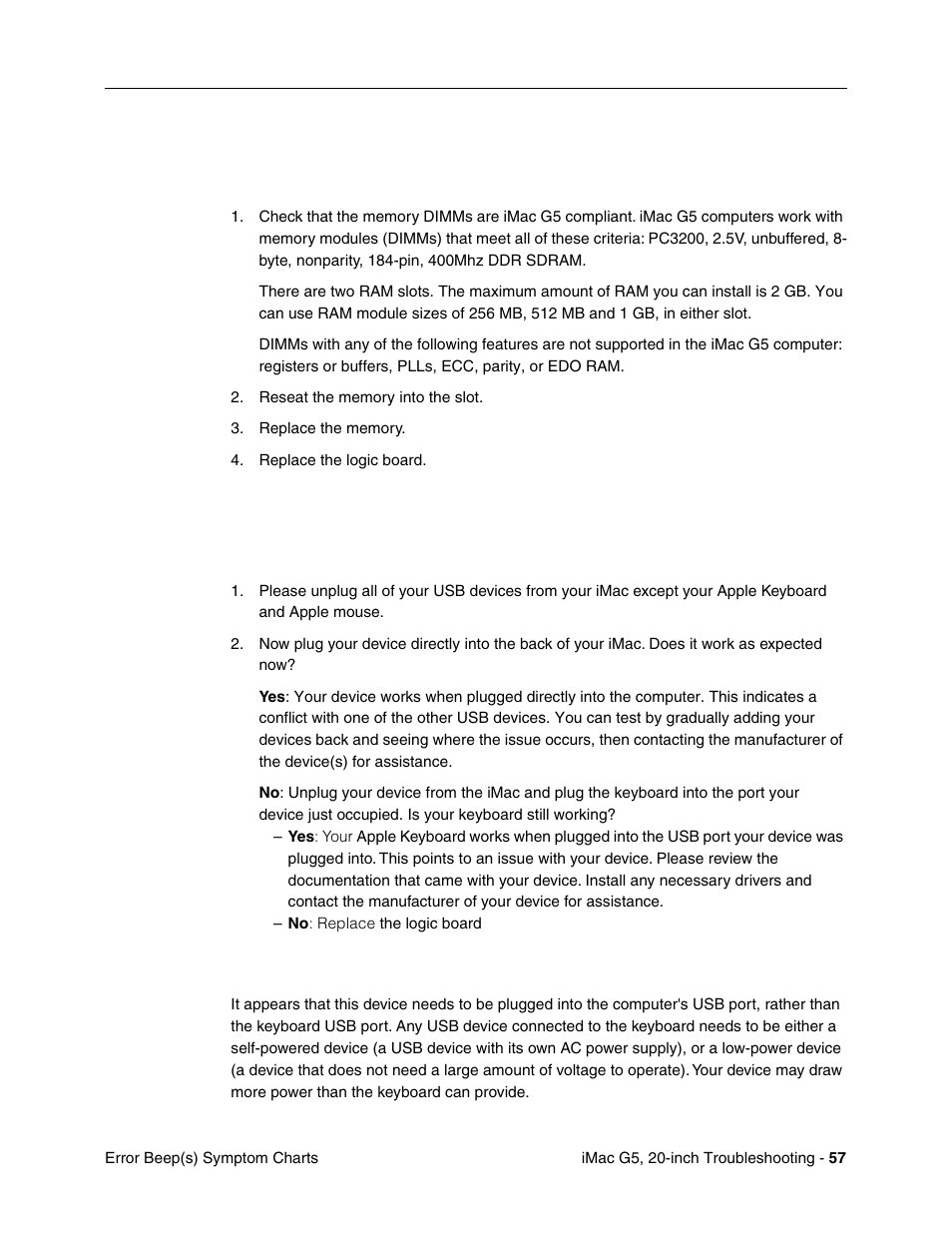 Computer beeps at startup, A usb device doesn’t work, Error beep(s) | Apple iMac G5, 20-inch User Manual | Page 281 / 314