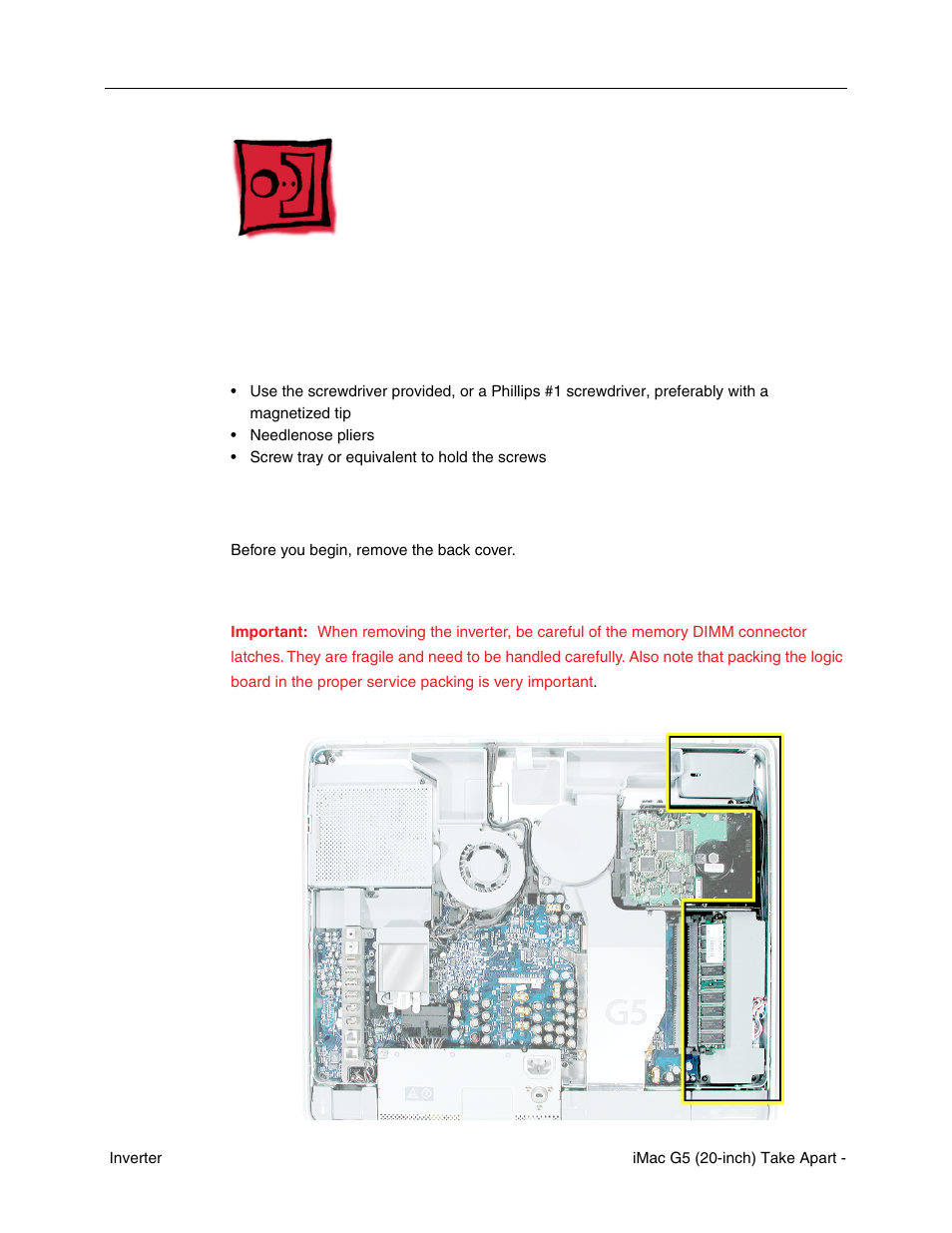 Inverter, Tools required, Preliminary steps | Part location | Apple iMac G5, 20-inch User Manual | Page 29 / 314