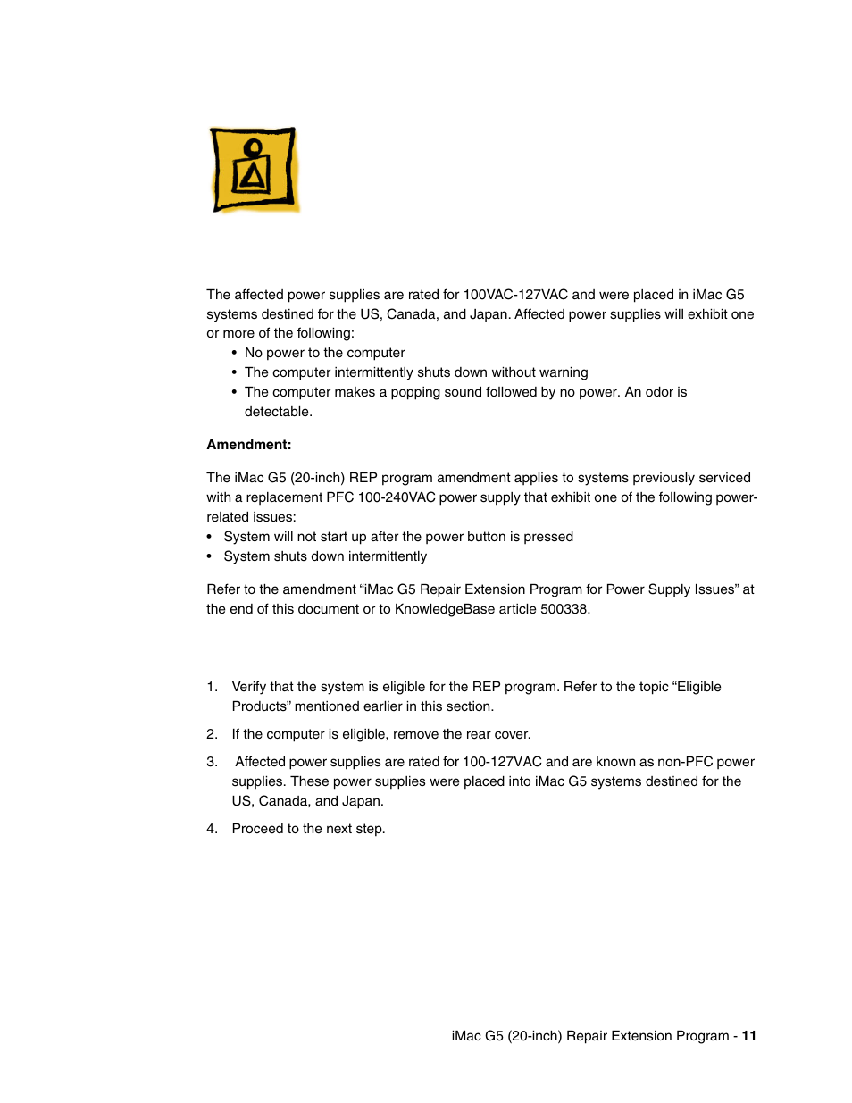 Troubleshooting power issues, Power symptoms, Repair procedure | Apple iMac G5, 20-inch User Manual | Page 305 / 314