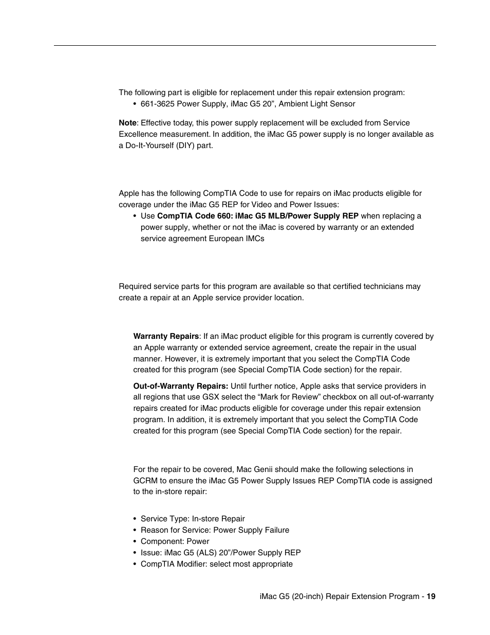 Replacement part, Special comptia codes, Repair strategy | Apple retail | Apple iMac G5, 20-inch User Manual | Page 313 / 314