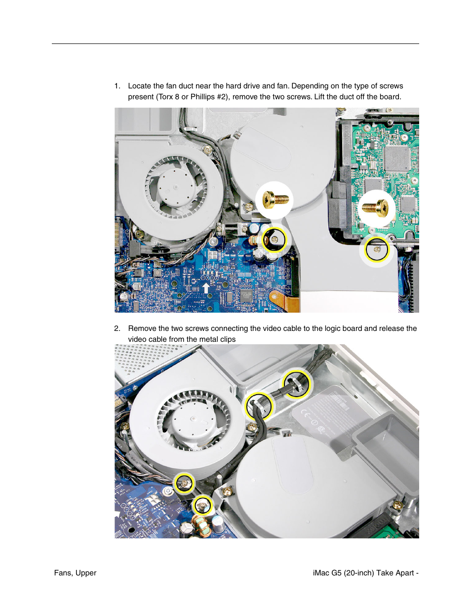 Removing the fans | Apple iMac G5, 20-inch User Manual | Page 45 / 314