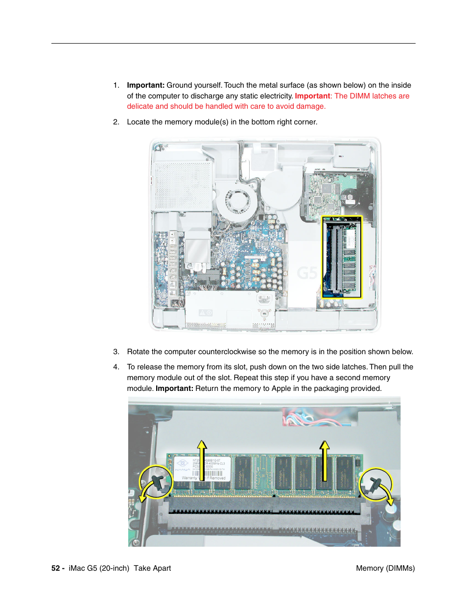 Removing the memory | Apple iMac G5, 20-inch User Manual | Page 54 / 314