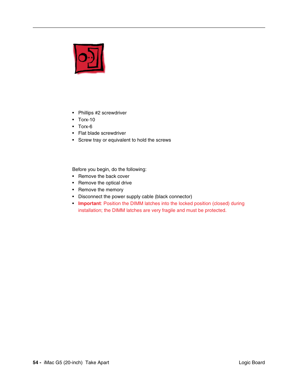 Logic board, Tools, Preliminary steps | Apple iMac G5, 20-inch User Manual | Page 56 / 314