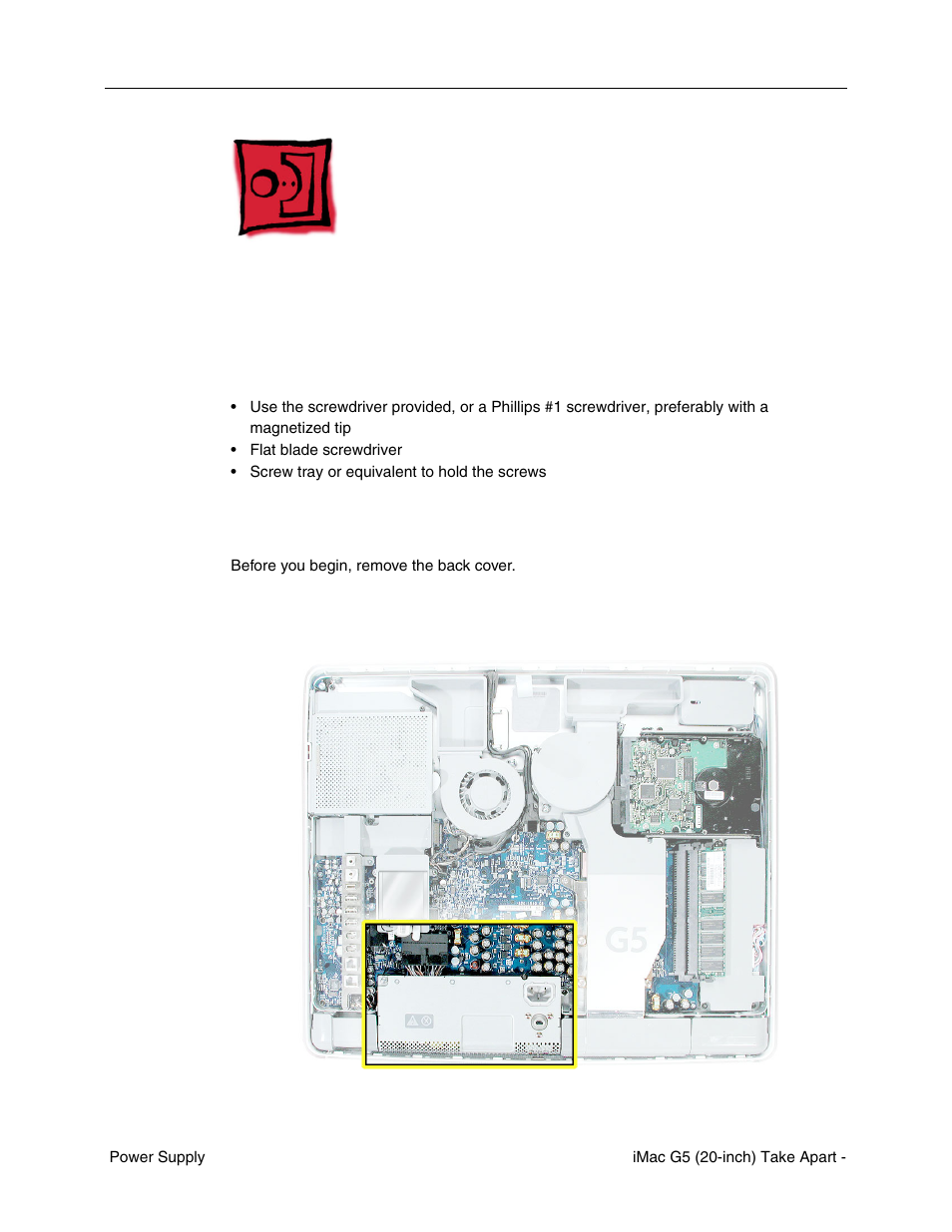 Power supply, Tools required, Preliminary steps | Part location | Apple iMac G5, 20-inch User Manual | Page 75 / 314