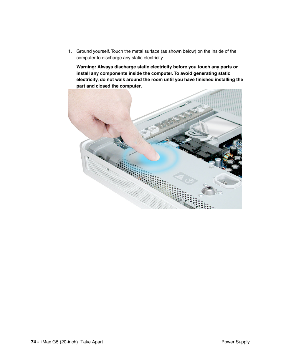 Removing the power supply | Apple iMac G5, 20-inch User Manual | Page 76 / 314