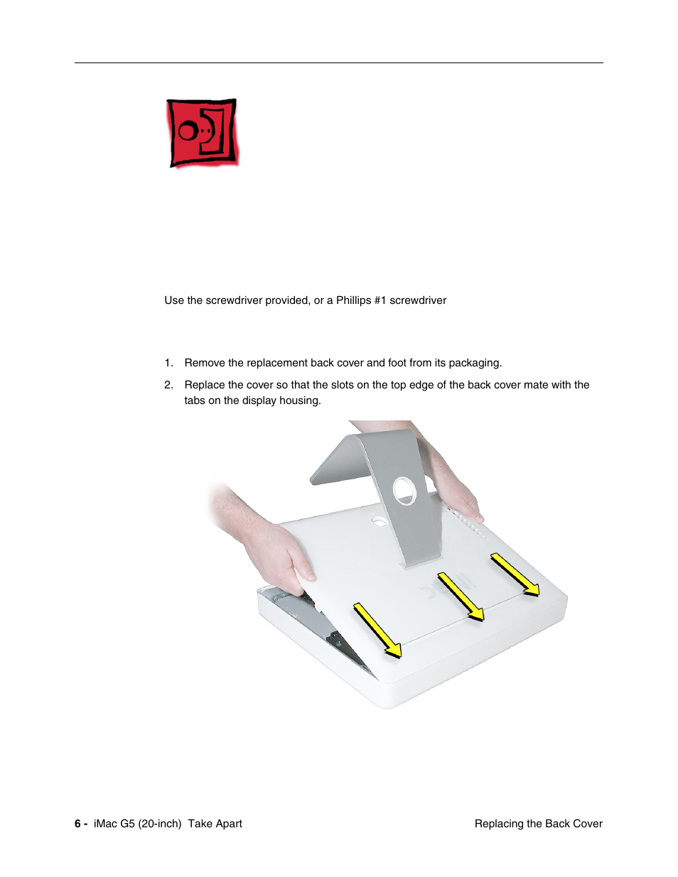 Replacing the back cover, Tools, Procedure | Apple iMac G5, 20-inch User Manual | Page 8 / 314