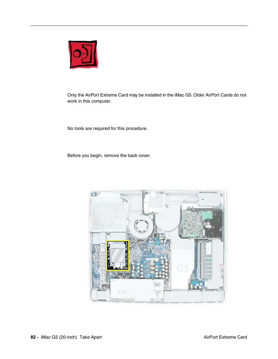 Airport extreme card, Tools, Preliminary steps | Part location | Apple iMac G5, 20-inch User Manual | Page 84 / 314
