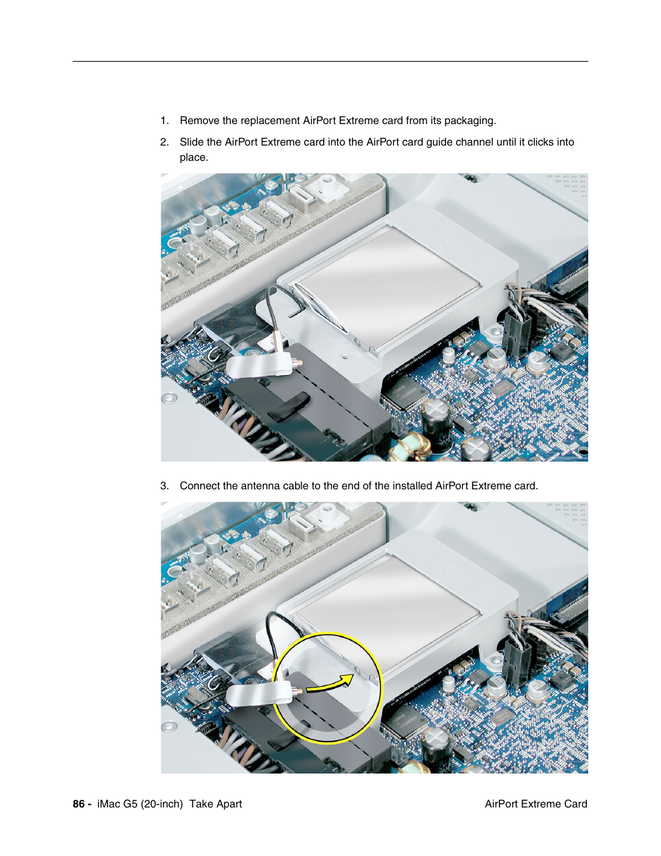 Replacing the airport extreme card | Apple iMac G5, 20-inch User Manual | Page 88 / 314
