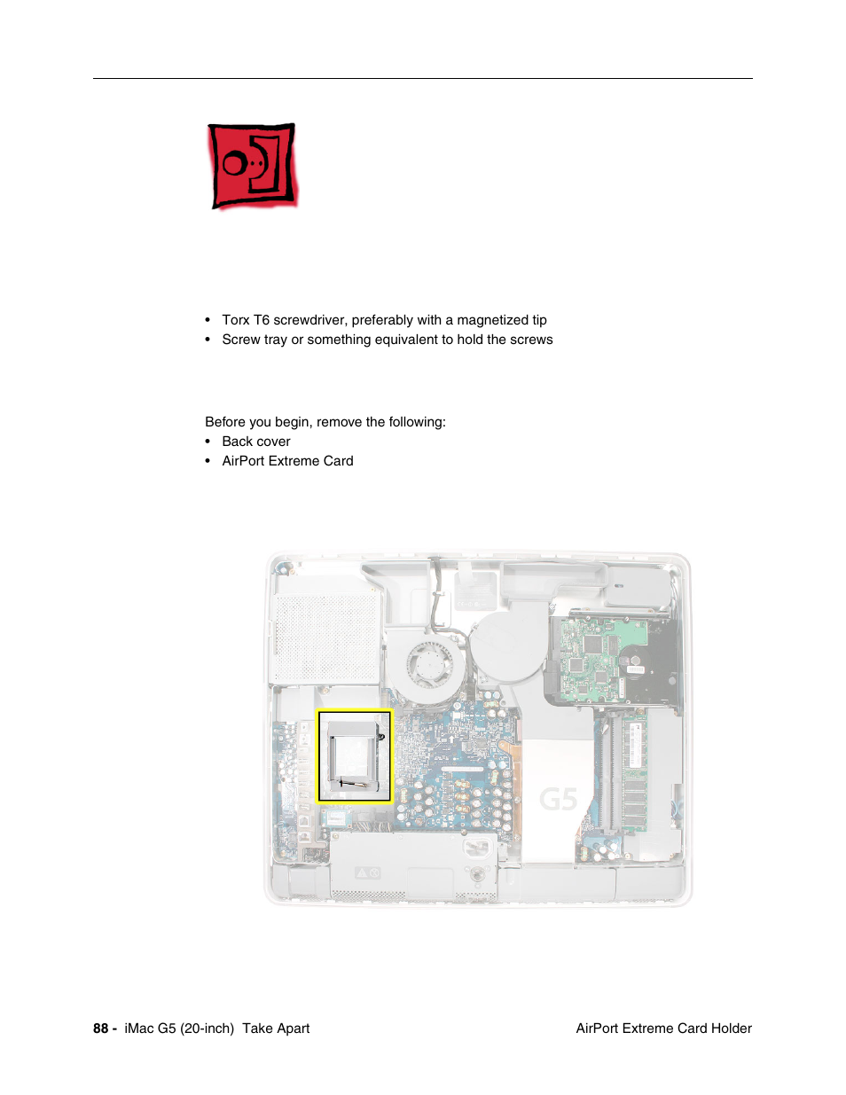 Airport extreme card holder, Tools required, Preliminary steps | Part location | Apple iMac G5, 20-inch User Manual | Page 90 / 314