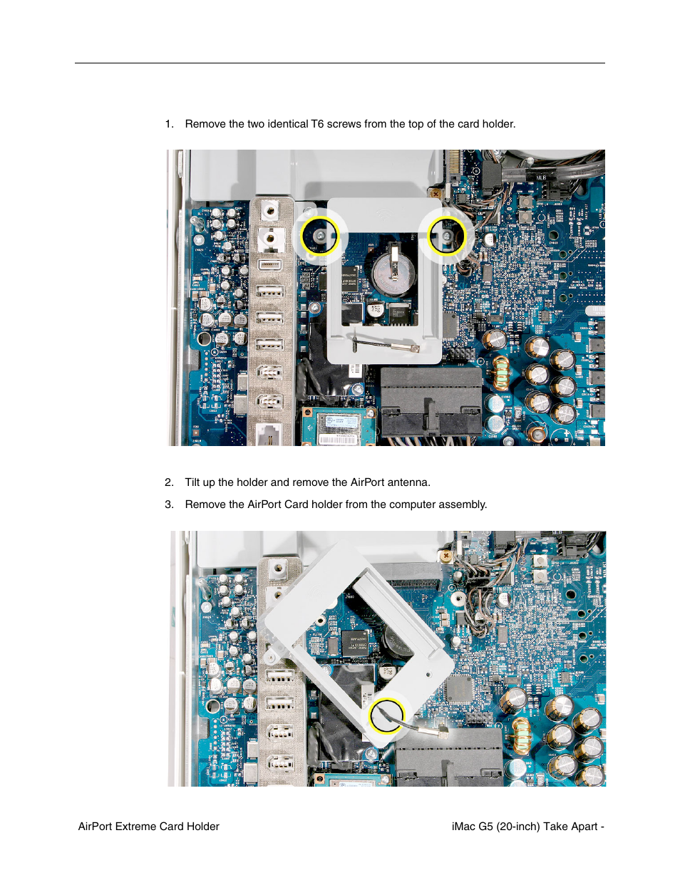 Removing the airport extreme card holder | Apple iMac G5, 20-inch User Manual | Page 91 / 314