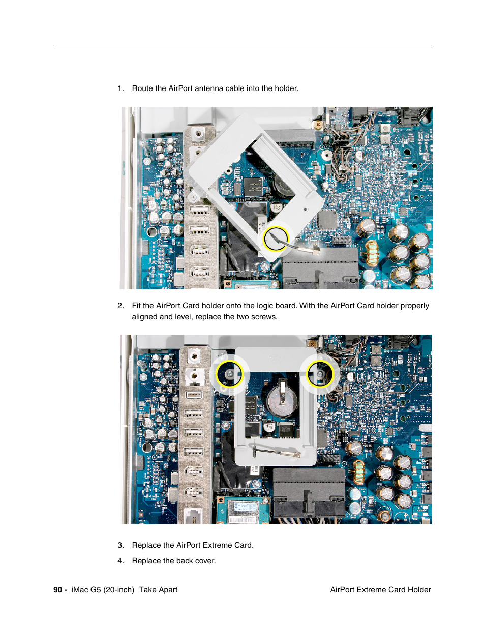 Replacing the airport extreme card holder | Apple iMac G5, 20-inch User Manual | Page 92 / 314