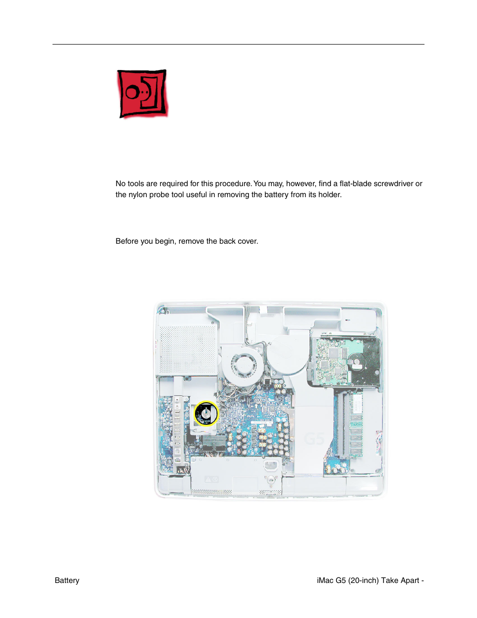 Battery, Tools, Preliminary steps | Part location | Apple iMac G5, 20-inch User Manual | Page 93 / 314
