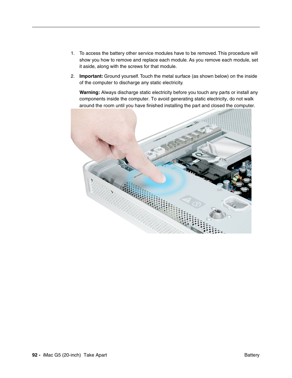 Removing the battery | Apple iMac G5, 20-inch User Manual | Page 94 / 314
