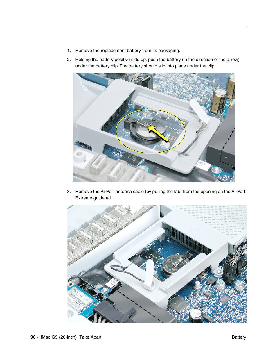 Replacing the battery | Apple iMac G5, 20-inch User Manual | Page 98 / 314