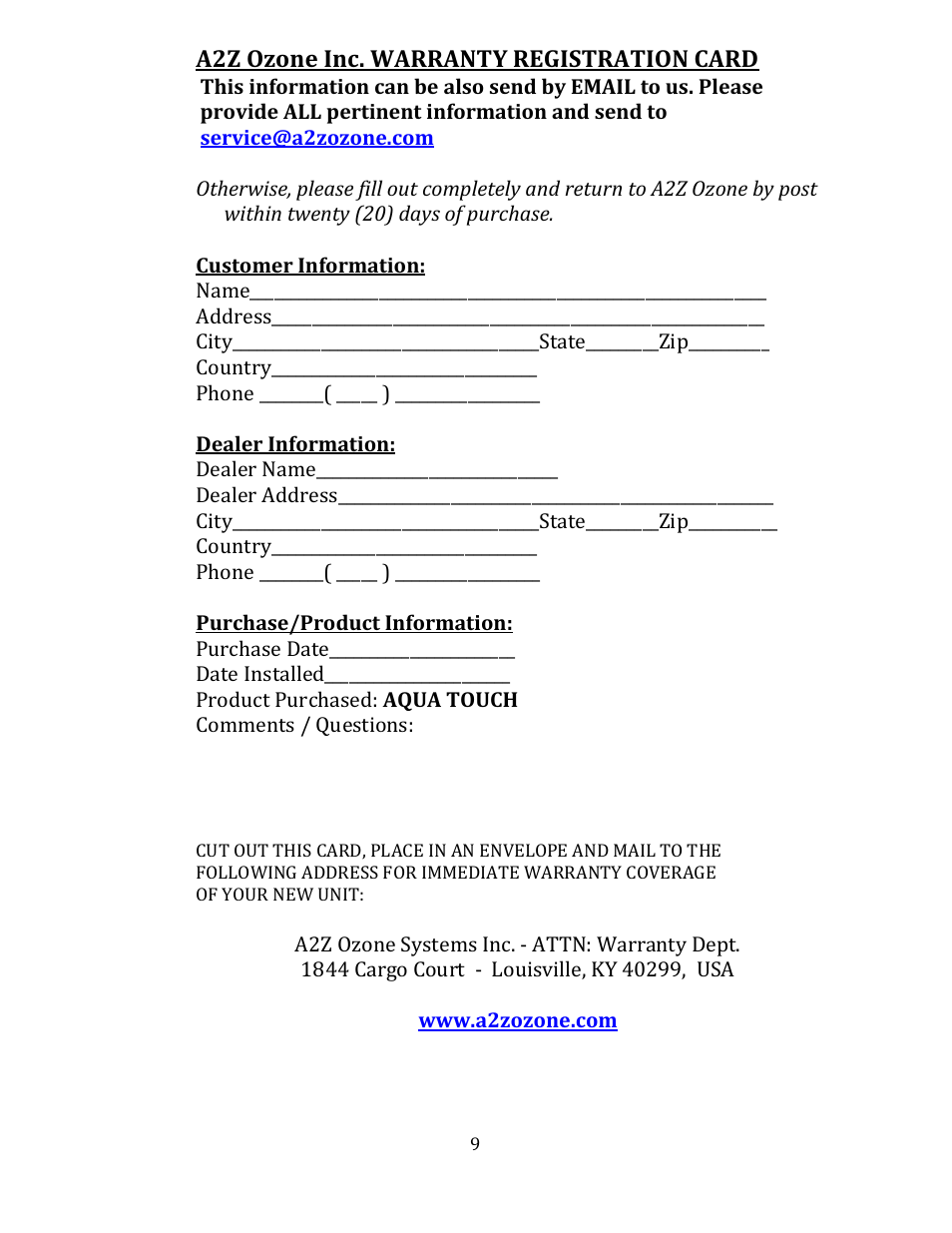 A2z ozone inc. warranty registration card | A2Z Ozone AQUA TOUCH User Manual | Page 9 / 10