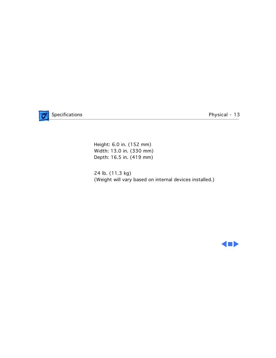 Physical, Dimensions, Weight | Apple Power Macintosh 7100/80AV User Manual | Page 32 / 132