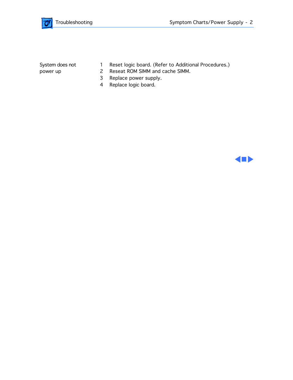 Symptom charts, Power supply | Apple Power Macintosh 7100/80AV User Manual | Page 36 / 132
