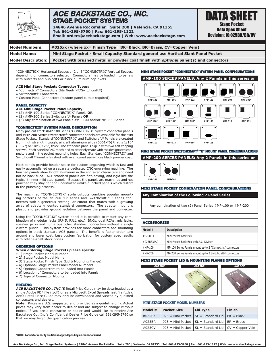 Data sheet, Ace backstage co., inc, Stage pocket systems | ACE BACKSTAGE Mini Stage Pocket User Manual | Page 2 / 4