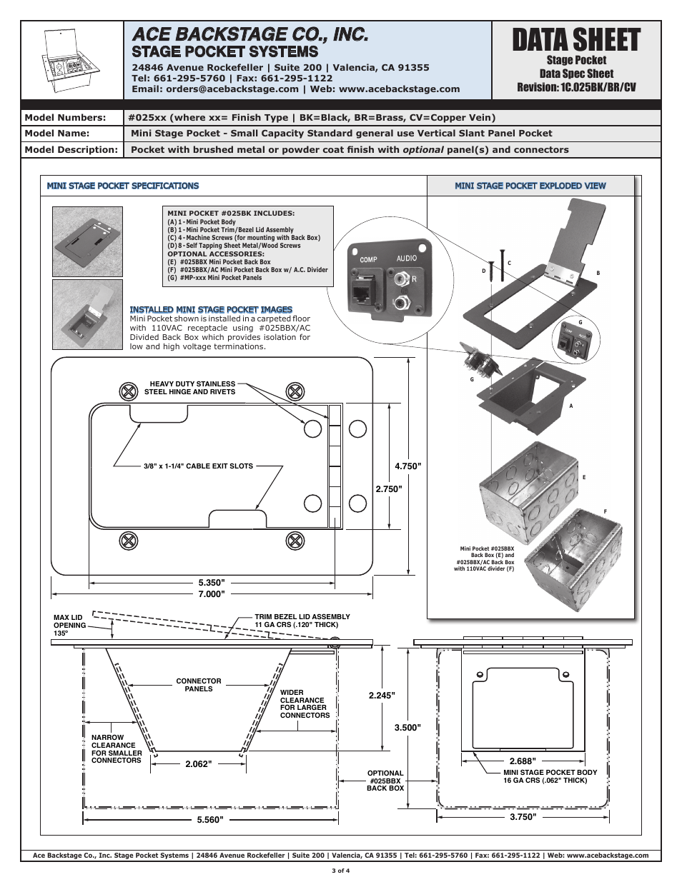 Data sheet, Ace backstage co., inc, Stage pocket systems | ACE BACKSTAGE Mini Stage Pocket User Manual | Page 3 / 4