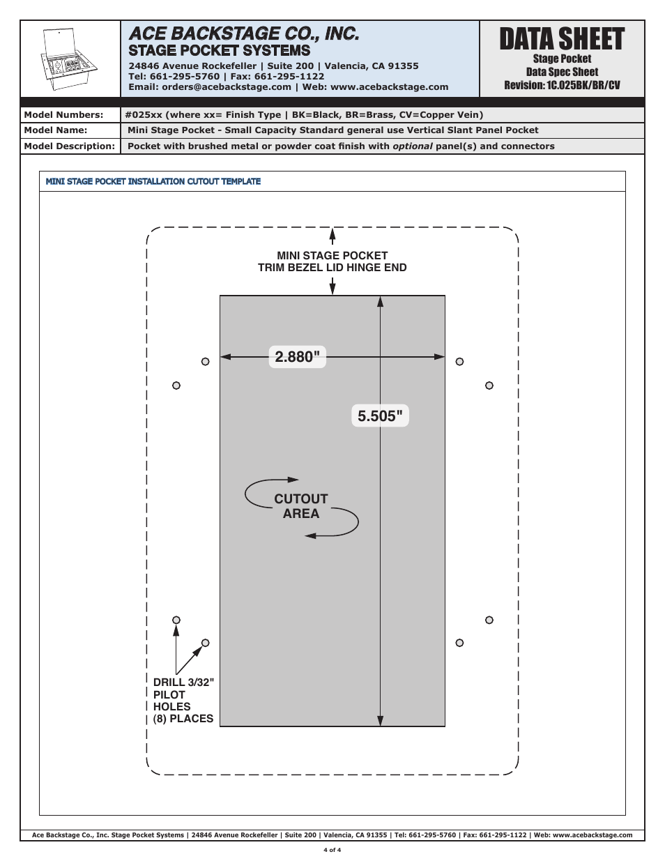 Data sheet, Ace backstage co., inc, Stage pocket systems | ACE BACKSTAGE Mini Stage Pocket User Manual | Page 4 / 4