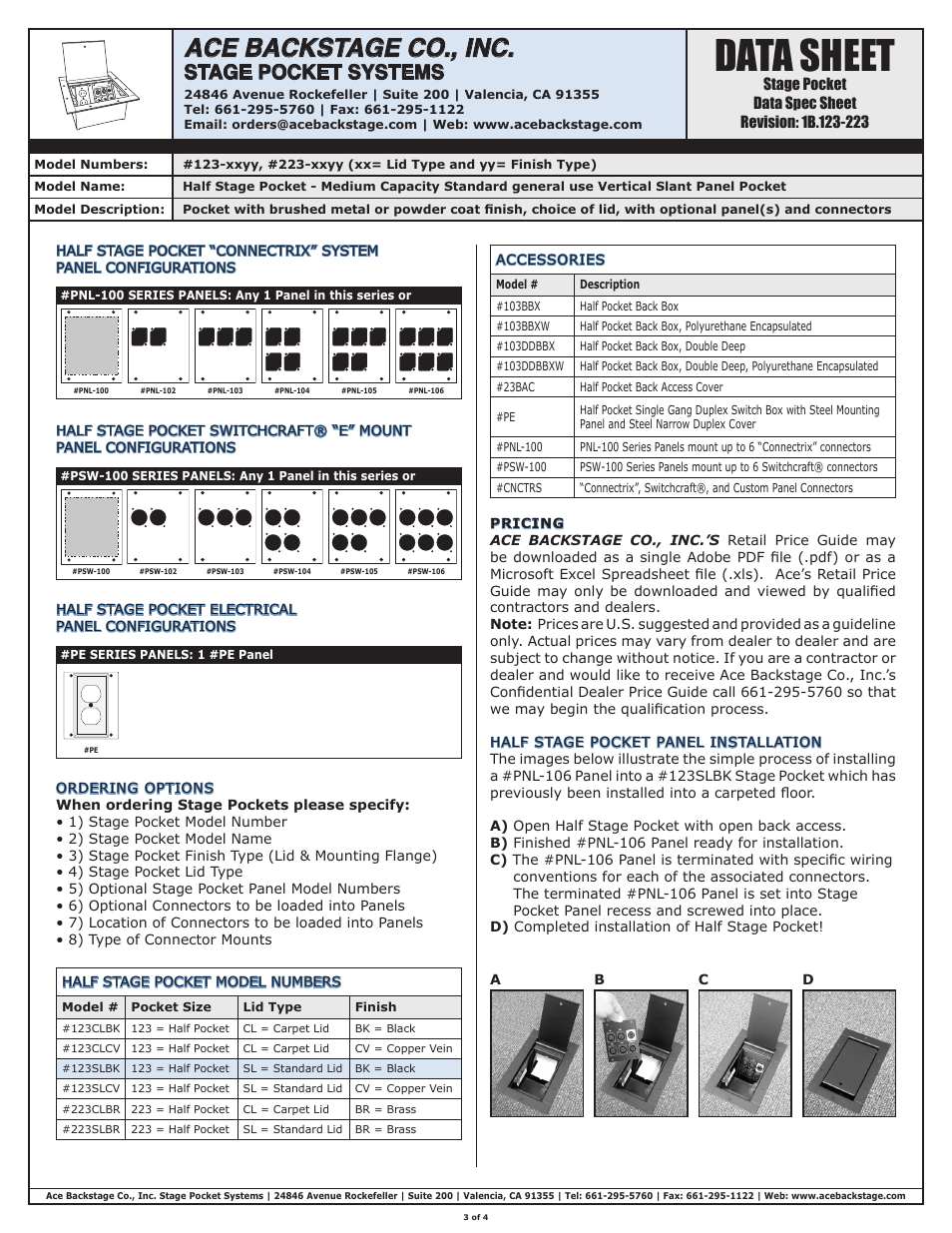 Data sheet, Ace backstage co., inc, Stage pocket systems | ACE BACKSTAGE Half Stage Pocket User Manual | Page 3 / 4