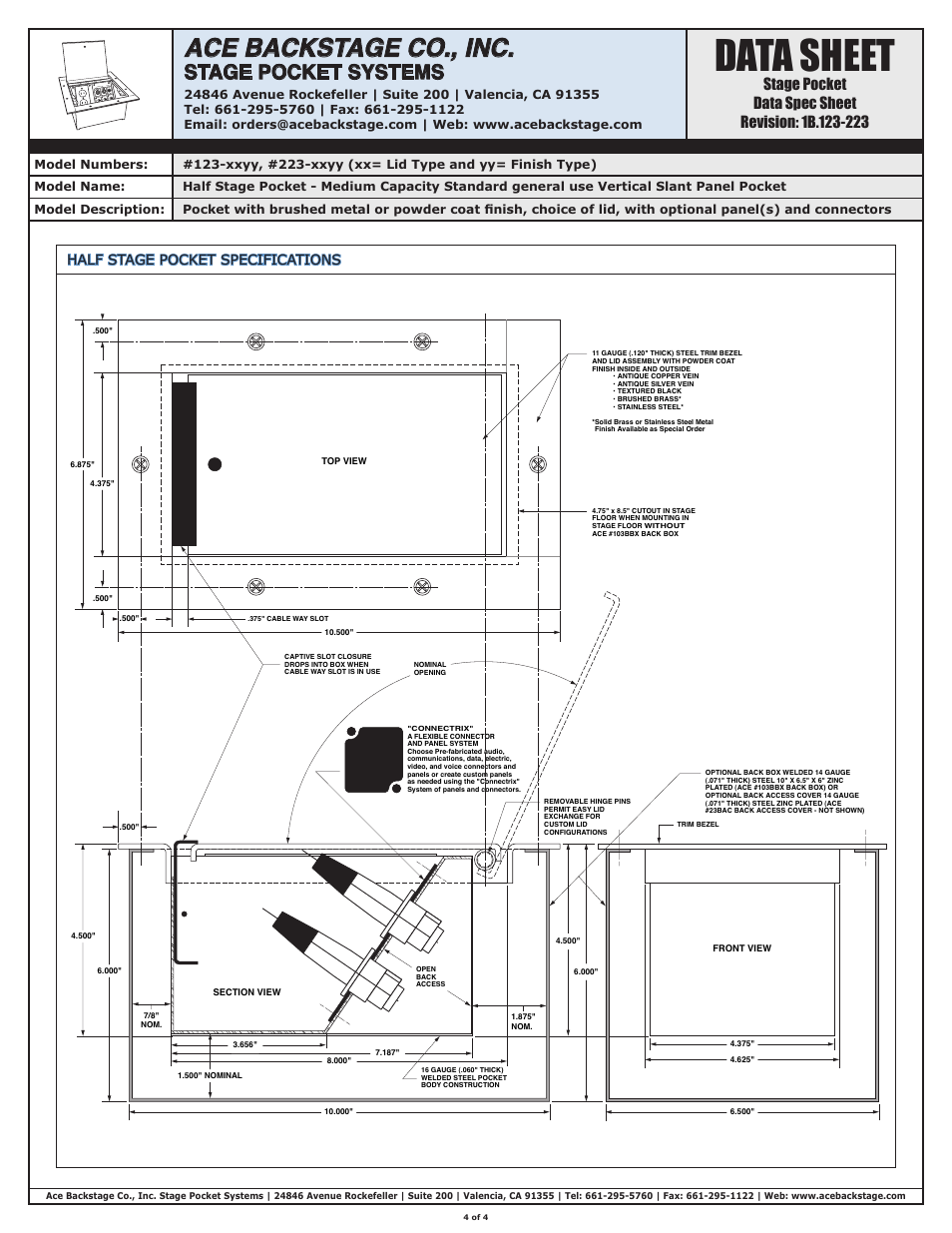 Data sheet, Ace backstage co., inc, Stage pocket systems | ACE BACKSTAGE Half Stage Pocket User Manual | Page 4 / 4
