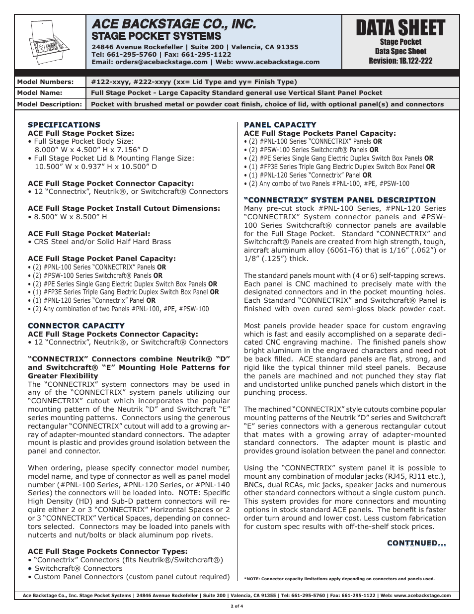 Data sheet, Ace backstage co., inc, Stage pocket systems | ACE BACKSTAGE Full Stage Pocket User Manual | Page 2 / 4