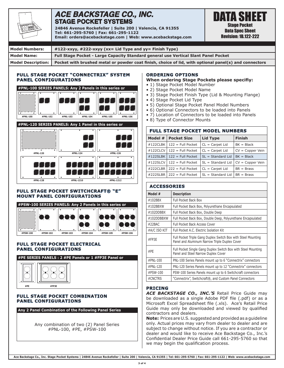 Data sheet, Ace backstage co., inc, Stage pocket systems | ACE BACKSTAGE Full Stage Pocket User Manual | Page 3 / 4