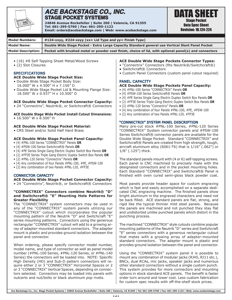 Data sheet, Ace backstage co., inc, Stage pocket systems | ACE BACKSTAGE Double Wide Stage Pocket User Manual | Page 2 / 4