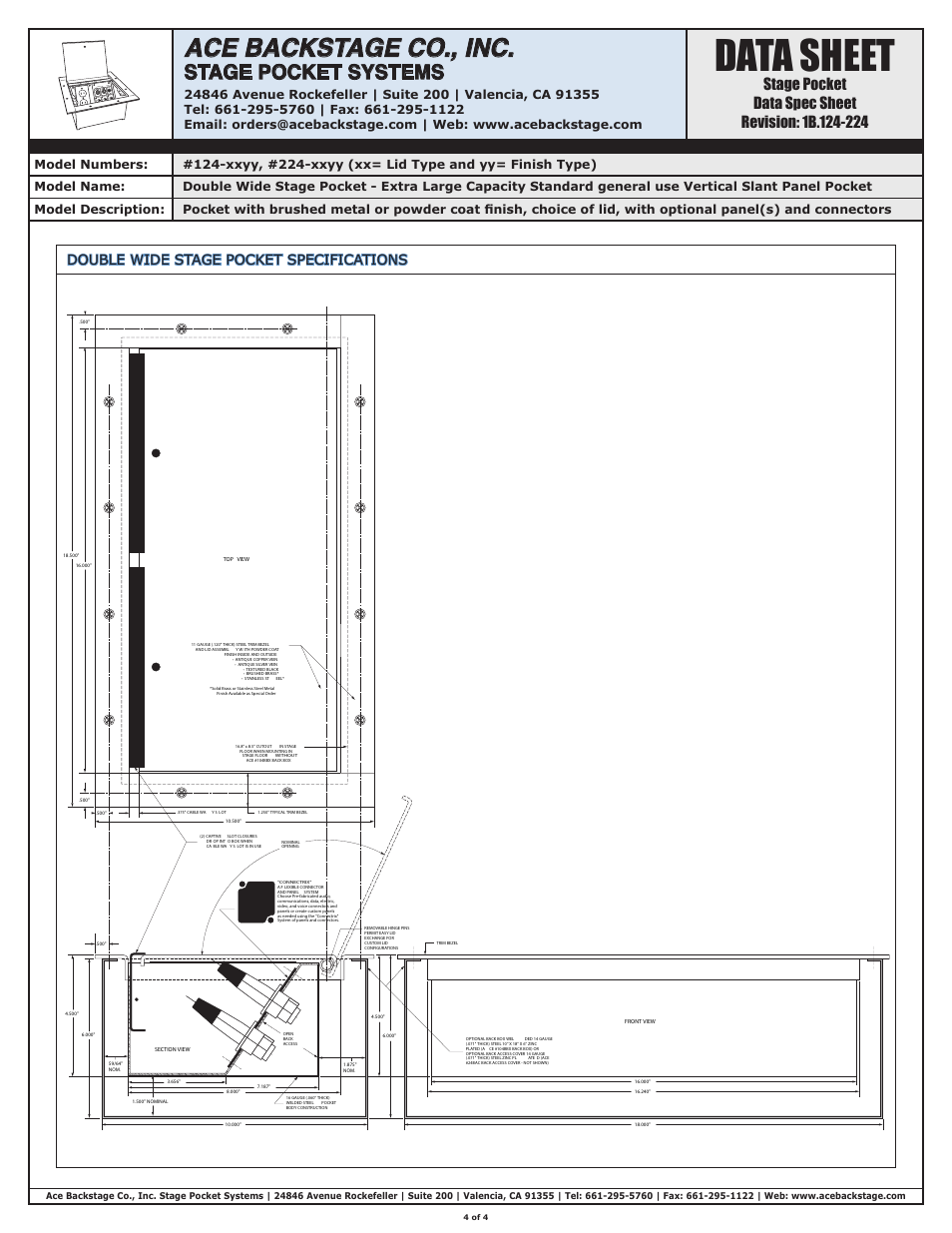Data sheet, Ace backstage co., inc, Stage pocket systems | ACE BACKSTAGE Double Wide Stage Pocket User Manual | Page 4 / 4