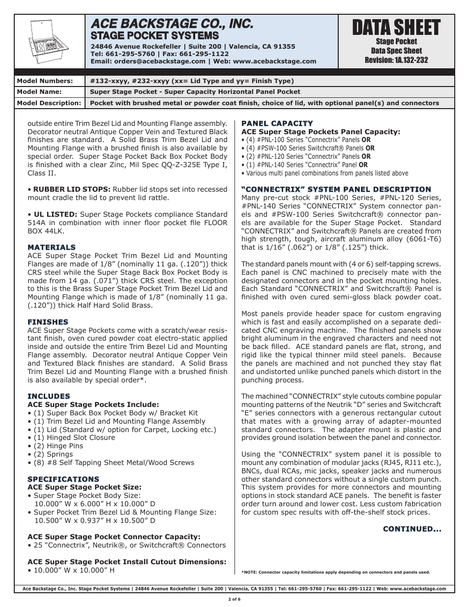 Data sheet, Ace backstage co., inc, Stage pocket systems | ACE BACKSTAGE Super Stage Pocket User Manual | Page 2 / 6