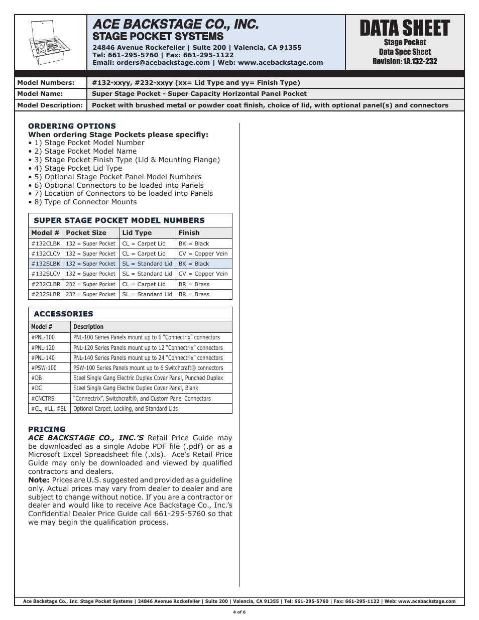 Data sheet, Ace backstage co., inc, Stage pocket systems | ACE BACKSTAGE Super Stage Pocket User Manual | Page 4 / 6